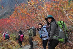 晴天と紅葉の中を下山